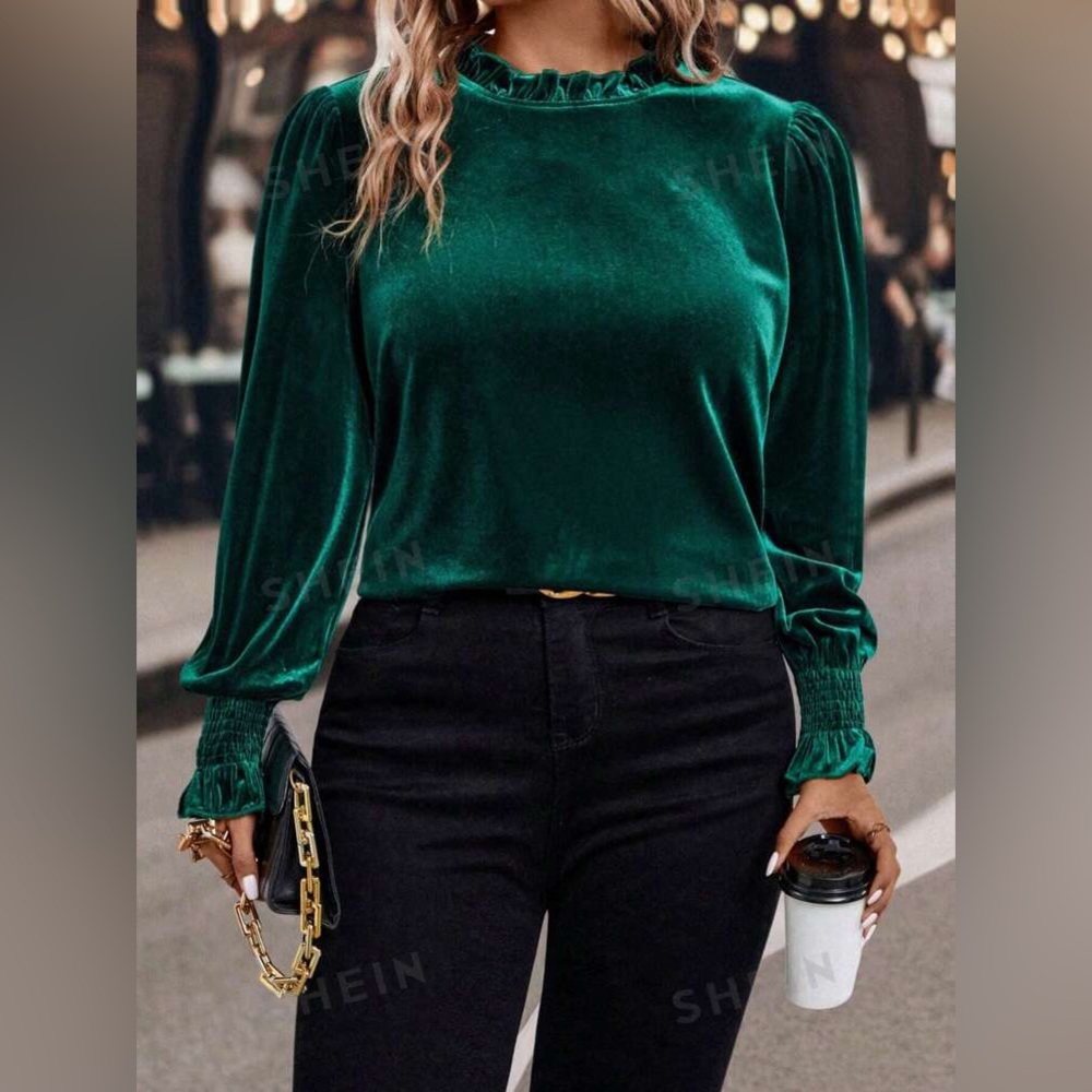 Dark Green holiday  Frill Trim Flare Sleeve Velvet Tee